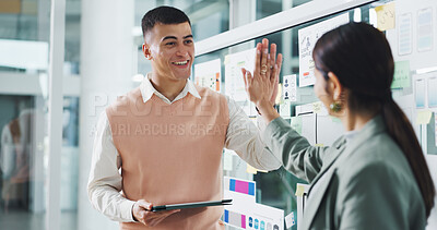 Buy stock photo People, high five and team for app development at startup, motivation or tablet for celebration. Woman, man and achievement with goals, success and glass wall with ux design job at digital agency