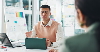 Buy stock photo Meeting, creative and businessman in office on tablet for mobile app, website or ui design. Digital agency, team and person on tech with paperwork, ideas and layout for research, planning or software