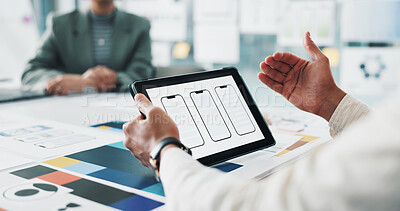 Buy stock photo Hands, discussion and ux design on tablet screen, phone or software updates and digital development. Business, UI template and people with tech for presentation, wireframe and mobile app prototype