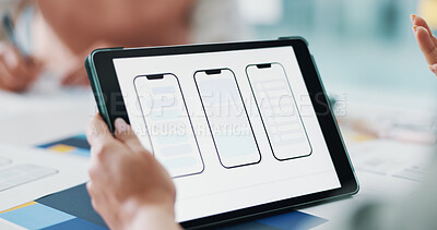 Buy stock photo Hands, meeting and ux design on tablet screen, phone or software update, web and digital development. Business, UI template and person with tech for presentation, wireframe and mobile app prototype