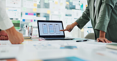 Buy stock photo Hands, meeting and ux design on laptop screen, phone or software update, web and digital development. Business, UI template and people with tech for presentation, wireframe and mobile app prototype