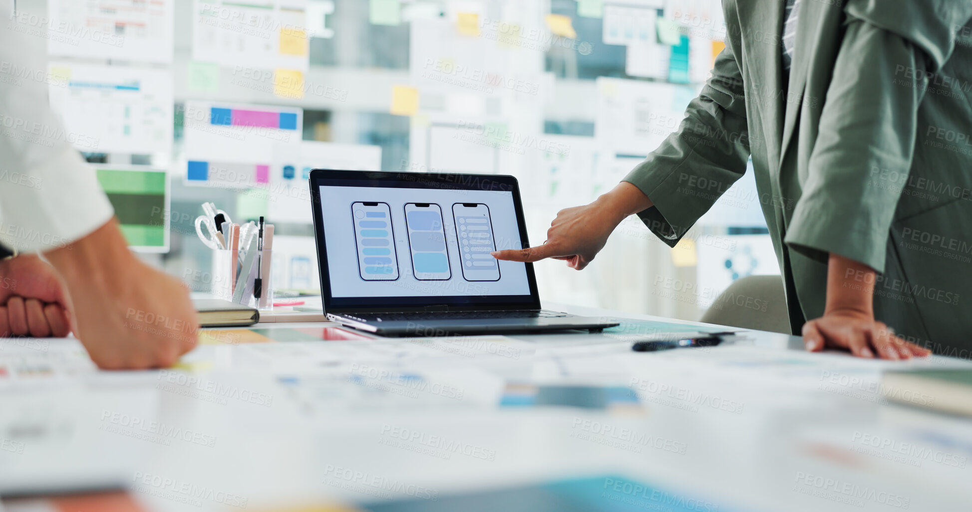 Buy stock photo Hands, meeting and ux design on laptop screen, phone or software update, web and digital development. Business, UI template and people with tech for presentation, wireframe and mobile app prototype