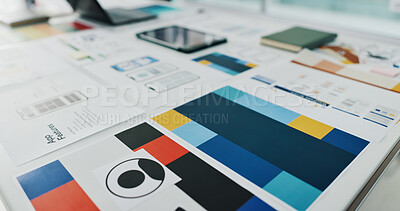 Buy stock photo App development, wireframe documents and design illustration for site features, UI and template. Paperwork, blueprint and smartphone layout in office for mobile software, UX mapping and graphic model