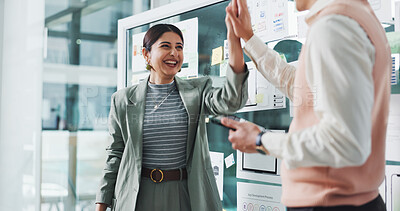 Buy stock photo People, high five and happy for app development at startup, motivation and tablet with celebration. Woman, man and excited with goals, success and software innovation with ux design at digital agency