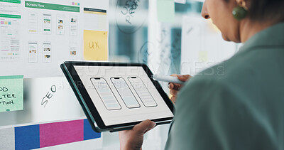 Buy stock photo Hands, plan and ux design on tablet screen, phone or software update and digital product development. Business, UI template and person with tech for project, wireframe or notes for mobile app upgrade