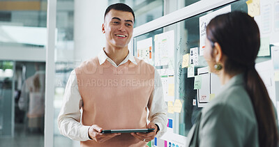 Buy stock photo Talking, creative and business people in office for mobile app ideas, website and ui design. Digital agency, team and person with glass, brainstorming and layout for research, planning and software