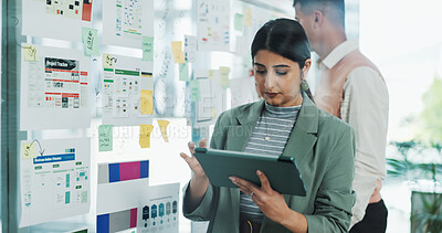 Buy stock photo Glass wall, tablet and business woman in office for mobile app software, website and ui design. Digital agency, tech and person with paperwork, ideas and layout for research, planning and project