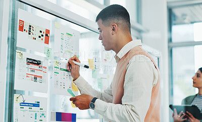 Buy stock photo Glass wall, writing and business man in office for kpi report, brainstorming and app development. Creative, startup and worker with documents, graphs and ideas for research, planning and ui software