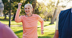 Group, senior woman and workout at park for retirement fitness, mobility or cardio exercise. Elderly club, happy people or physical activity in nature for muscle strength, health benefits or wellness