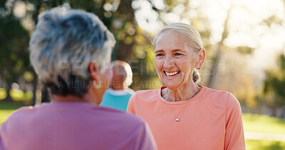 Buy stock photo Smile, senior woman and friends for fitness outdoor with discussion, exercise and bonding together. Happy, elderly people and talking for pilates session, training break and chat for wellness at park
