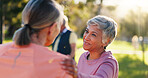 Fitness, park and senior woman with support for friends, encouragement or motivation for exercise. Retirement, outdoor workout or elderly people with commitment to health, flare and wellness training