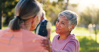 Buy stock photo Fitness, park and senior woman with support for friends, encouragement or motivation for exercise. Retirement, outdoor workout or elderly people with commitment to health, flare and wellness training