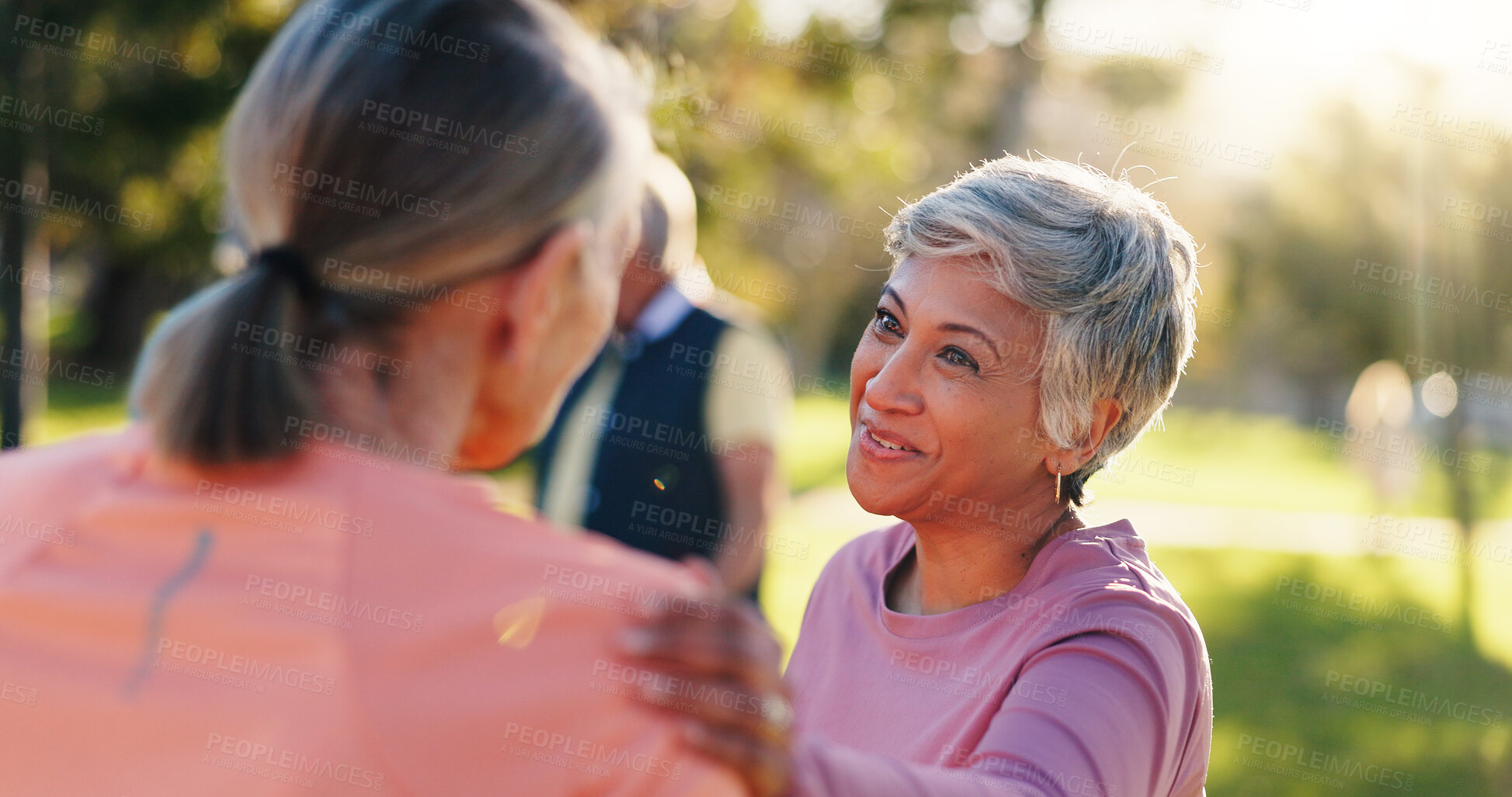 Buy stock photo Fitness, park and senior woman with support for friends, encouragement or motivation for exercise. Retirement, outdoor workout or elderly people with commitment to health, flare and wellness training