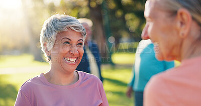 Buy stock photo Senior women, friends and laughing for fitness outdoor with discussion, exercise and bonding together. Happy, elderly people and talking for pilates joke, training break and chat for wellness at park