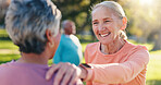 Fitness, park and old woman with support for friends, encouragement and motivation for exercise. Retirement, outdoor workout and elderly people with commitment to health, flare and wellness training