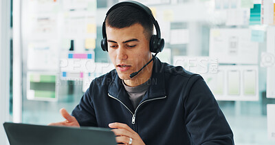 Buy stock photo Businessman, agent or discussion with headset on laptop for web help or tech support in office. Male person, consultant or talking with mic for virtual assistance, communication or online advice