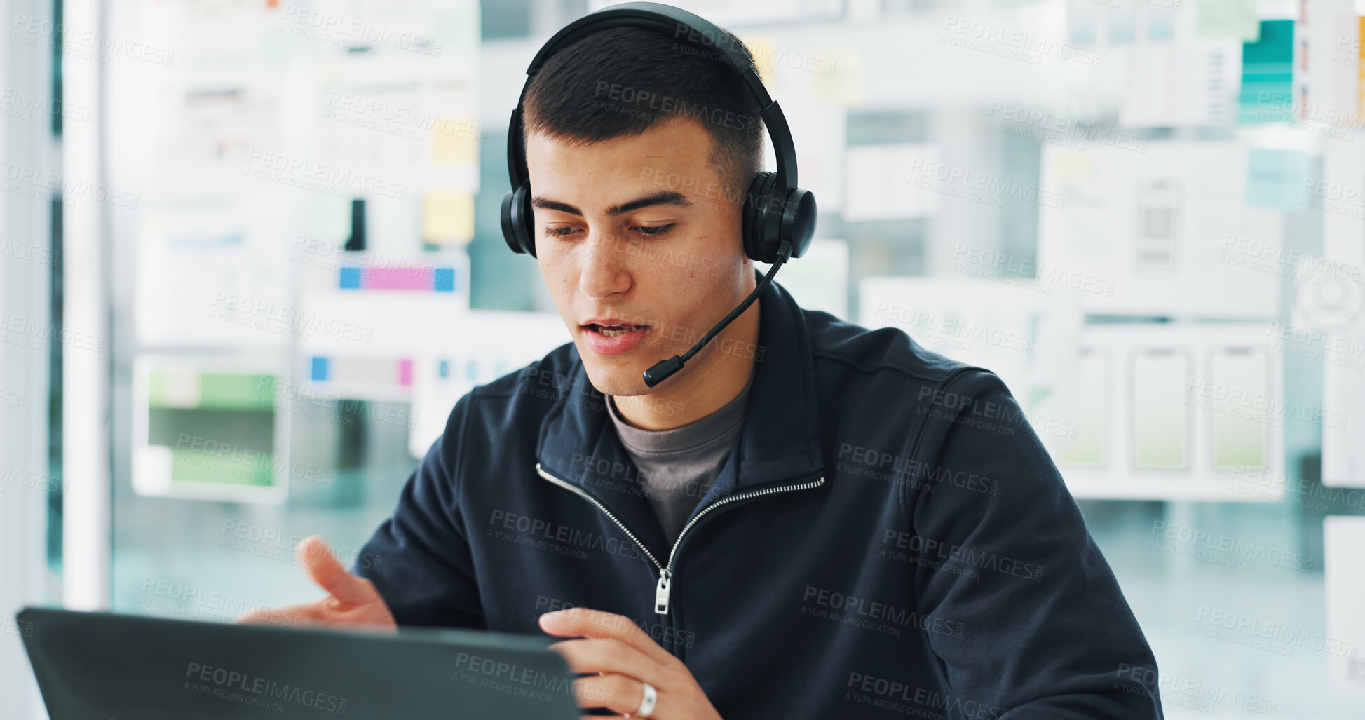 Buy stock photo Businessman, agent or discussion with headset on laptop for web help or tech support in office. Male person, consultant or talking with mic for virtual assistance, communication or online advice