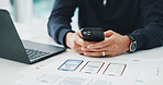 Phone, hands and man with documents for app development in office with research. Laptop, cellphone and software engineer with typing for contact with email for prototype approval in workplace.