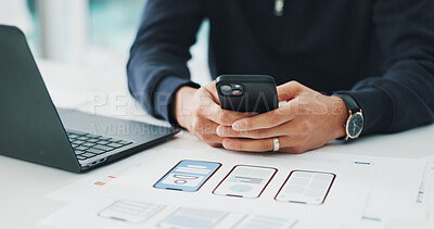 Buy stock photo Phone, hands and man with documents for app development in office with research. Laptop, cellphone and software engineer with typing for contact with email for prototype approval in workplace.