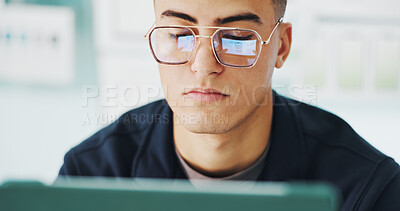 Buy stock photo Glasses, man and tablet with reading in office for app development, UI wireframe and design layout. Web designer, tech and screen reflection with digital blueprint for UX mapping and mobile software