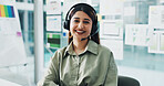 Happy woman, portrait and consultant with headset for web help or tech support in office. Female person, agent or smile with mic for virtual assistance, communication or online advice in workplace