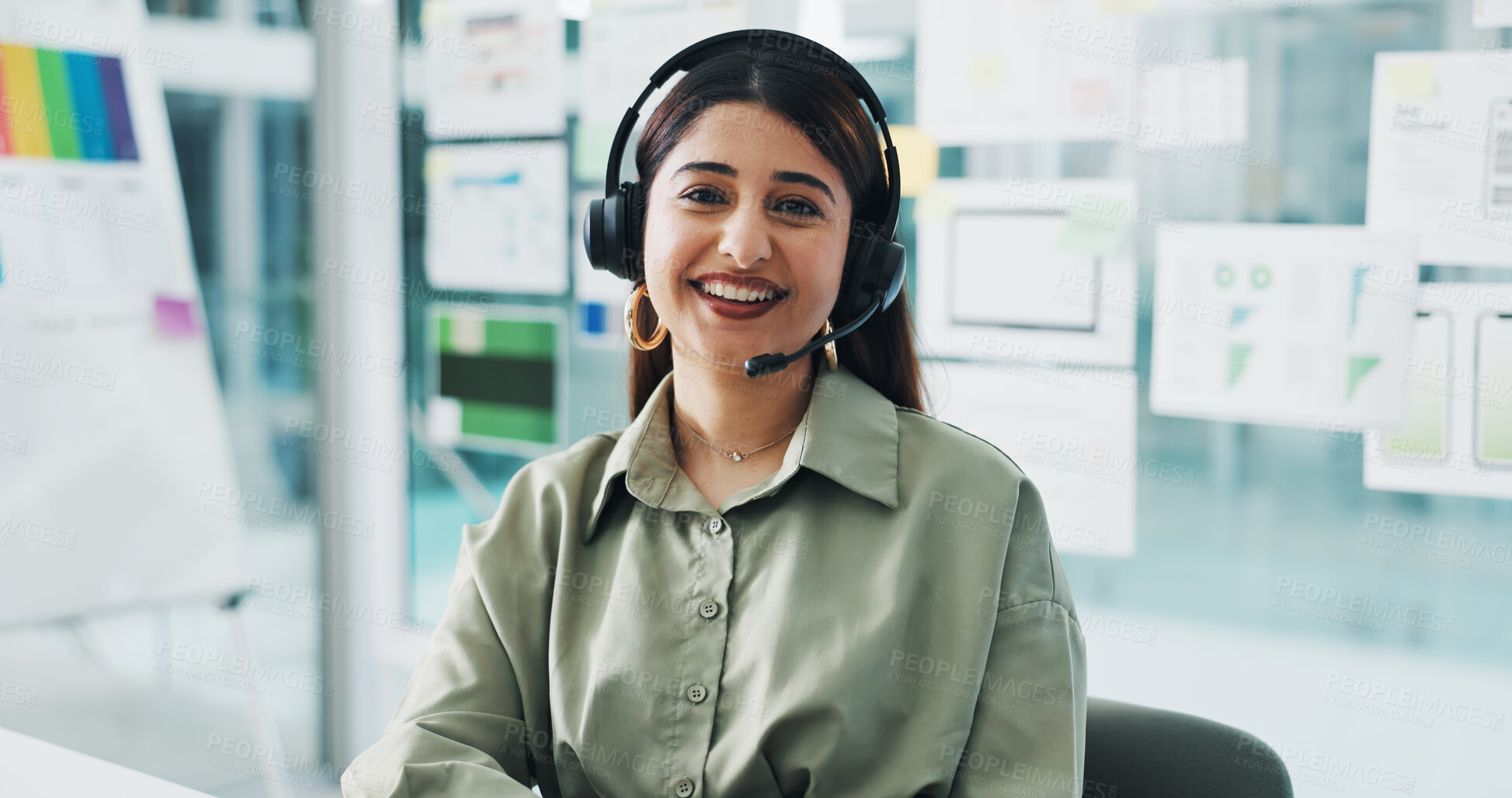 Buy stock photo Happy woman, portrait and consultant with headset for web help or tech support in office. Female person, agent or smile with mic for virtual assistance, communication or online advice in workplace