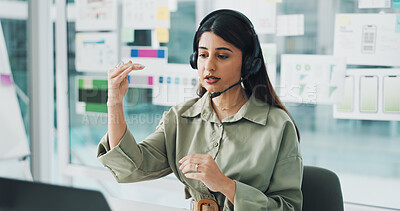 Buy stock photo Woman, agent or discussion with headset on laptop for web help, process or tech support in office. Female person, consultant or talking with mic for virtual assistance, communication or online advice