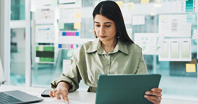 Buy stock photo Tablet, creative and business woman in office for mobile app software, website and ui design. Digital agency, startup and person with documents, tech and proposal for research, internet and planning