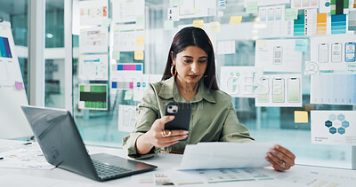 Buy stock photo Documents, creative and business woman on tech for mobile app software, website and ui design. Digital agency, startup and person with paperwork, phone and laptop for research, internet and planning