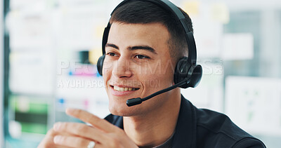 Buy stock photo Happy man, consultant or customer service with headset for web help or tech support in office. Male person, agent or smile with mic for virtual assistance, communication or online advice in workplace
