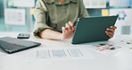 Tablet, creative and hands of woman in office for mobile app software, website and ui design. Digital agency, startup and person with documents, tech and proposal for research, internet and planning