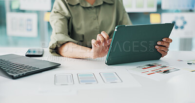 Buy stock photo Tablet, creative and hands of woman in office for mobile app software, website and planning. Digital agency, startup and person with documents, tech and proposal for research, internet and ui design