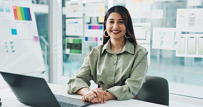 Buy stock photo Portrait, woman and happy with laptop in office for software development, UX design and app testing. Web designer, person and smile with tech for user research, site performance or creative planning