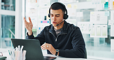 Buy stock photo Businessman, consultant or discussion with headset on laptop for web help or tech support in office. Male person, agent or talking with mic for virtual assistance, communication or online advice