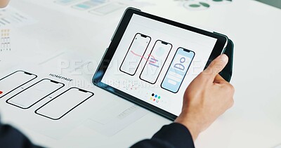 Buy stock photo Person, hands and tablet screen with wireframes for software development, UI design or planning. Closeup, designer or technology display with digital blueprint for mobile UX, app function or layout