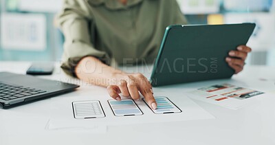 Buy stock photo Tablet, hands and business woman with design for mobile app software, website and ui layout. Digital agency, creative and person with documents, tech and project for research, internet and planning