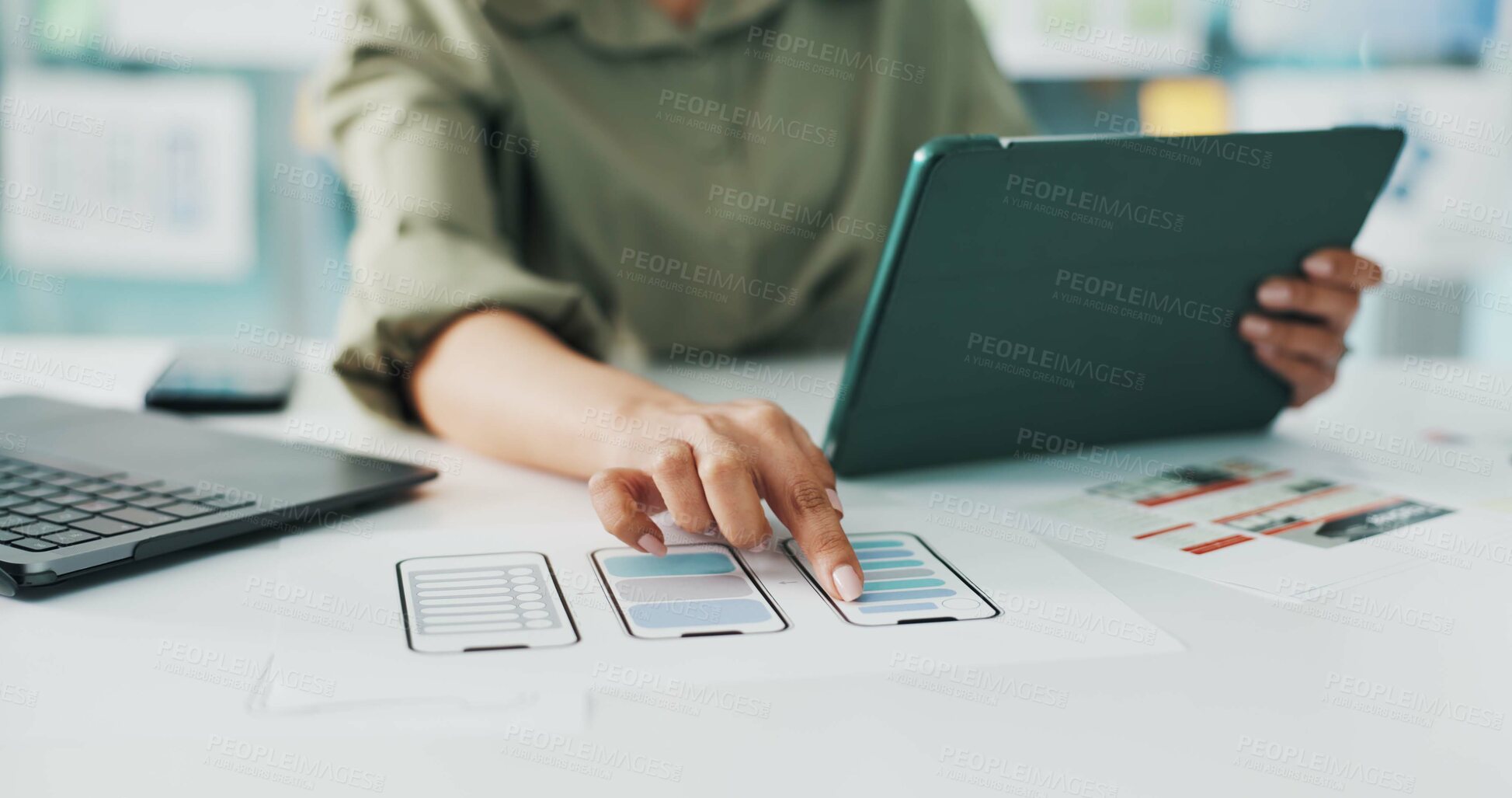 Buy stock photo Tablet, hands and business woman with design for mobile app software, website and ui layout. Digital agency, creative and person with documents, tech and project for research, internet and planning