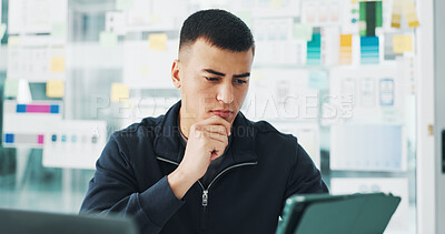 Buy stock photo Thinking, creative and business man on tablet for app software, website and ux layout. Digital agency, startup and person with tech, ui design and brainstorming for research, project and planning