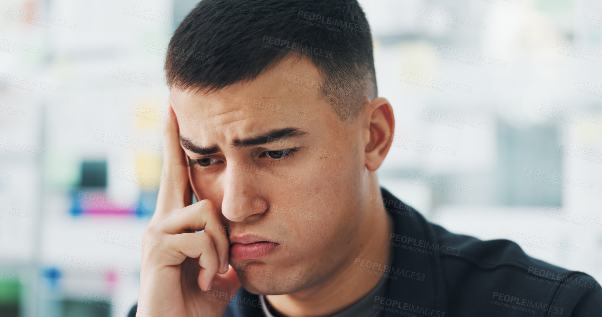 Buy stock photo Frustrated man, designer or headache with stress for fail, mistake or issues in office. Male person, anxiety or depression with brain fog, doubt or migraine for project deadline or error in workplace