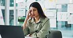 Business woman, web designer and headache with laptop for stress, project deadline or pressure. Frustrated, female person or developer with migraine, computer or planning board for mistake or fail