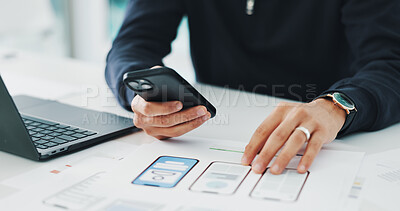 Buy stock photo Phone, creative and hands of man with paperwork for mobile app software, website and ui design. Digital agency, startup and person with tech, documents and layout for research, project and planning