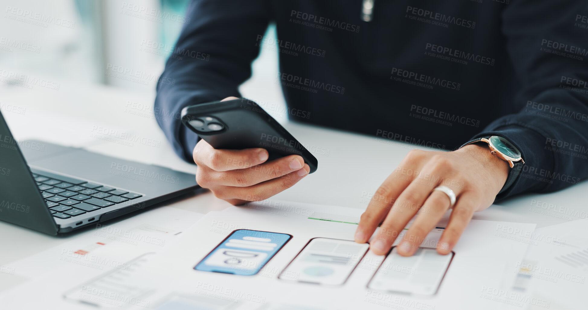 Buy stock photo Phone, creative and hands of man with paperwork for mobile app software, website and ui design. Digital agency, startup and person with tech, documents and layout for research, project and planning