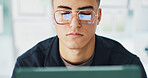 Glasses, man and tablet with research in office for app development, UI wireframe and design layout. Web designer, tech and screen reflection with digital blueprint for UX mapping and mobile software