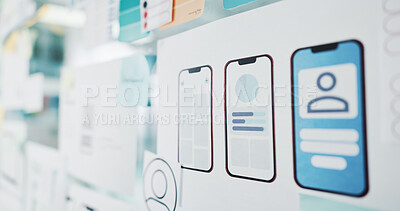 Buy stock photo Phone app, wireframes or glass board with sticky note for web design, planning or brainstorming. Empty, pages or stickers with UI blueprints for mobile interface, software development or UX ideas