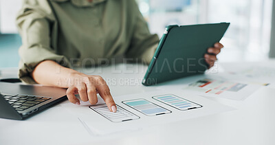 Buy stock photo Woman, hands and web designer with, tablet, wireframes or mobile app for UX design in office. Female person, creative developer or pointing with technology, phone layout or blueprint for UI template