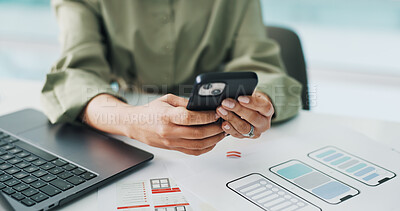 Buy stock photo Hands, creative and business woman with phone for mobile app software, website or ui design. Digital agency, startup and person with paperwork, smartphone or layout for research, internet or planning