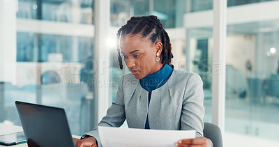 Buy stock photo Black woman, documents and laptop for financial review, budget and planning with typing at office. African person, advisor or broker with admin, asset management and feedback with paperwork at agency