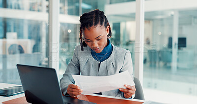 Buy stock photo Laptop, business woman and paperwork in office for investment report, stocks analysis and IPS. Portfolio manager, black person and tech with documents at desk for economic data and performance review