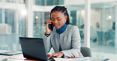 Buy stock photo Phone call, business and black woman on laptop in office for contact, investment advice and discussion. Financial advisor, computer and person on smartphone for talking, finance consulting and chat