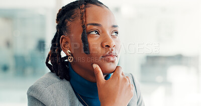 Buy stock photo Serious, business woman and thinking in office for startup vision, funding solution and brainstorming. Entrepreneur, black person or reflection at work for career development, perspective or decision